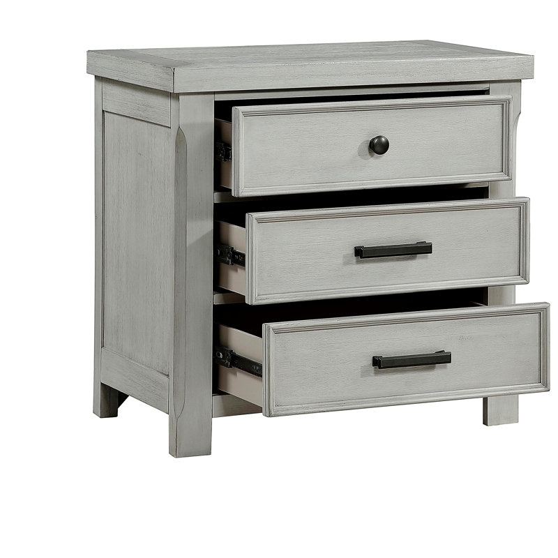 Brok Nightstand, 3 Drawers, Light Gray Acacia Wood, Black Bar Handles