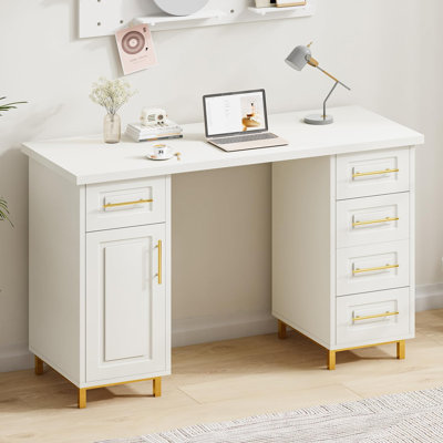 Nail Tech Desk with Drawers, 43 Inch Manicure Table with Storage for Nail Tech, Nail Makeup Beauty Salon Table with 5 Drawers and Cabinet, Wooden Salo