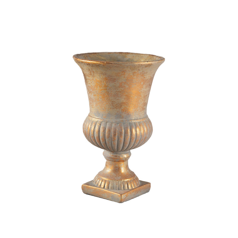  Antique Gold Ribbed Cement Urn Vase, European Style Decorative Flower Pot For Classic Or Rustic Home Décor, 6.5" Diameter & 10" Tall