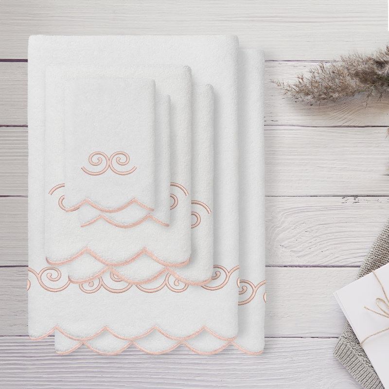  Ensemble de serviettes ornées de festons 100% coton 100% symetra, Blanc / Rose, Ensemble 6 serviettes de bain