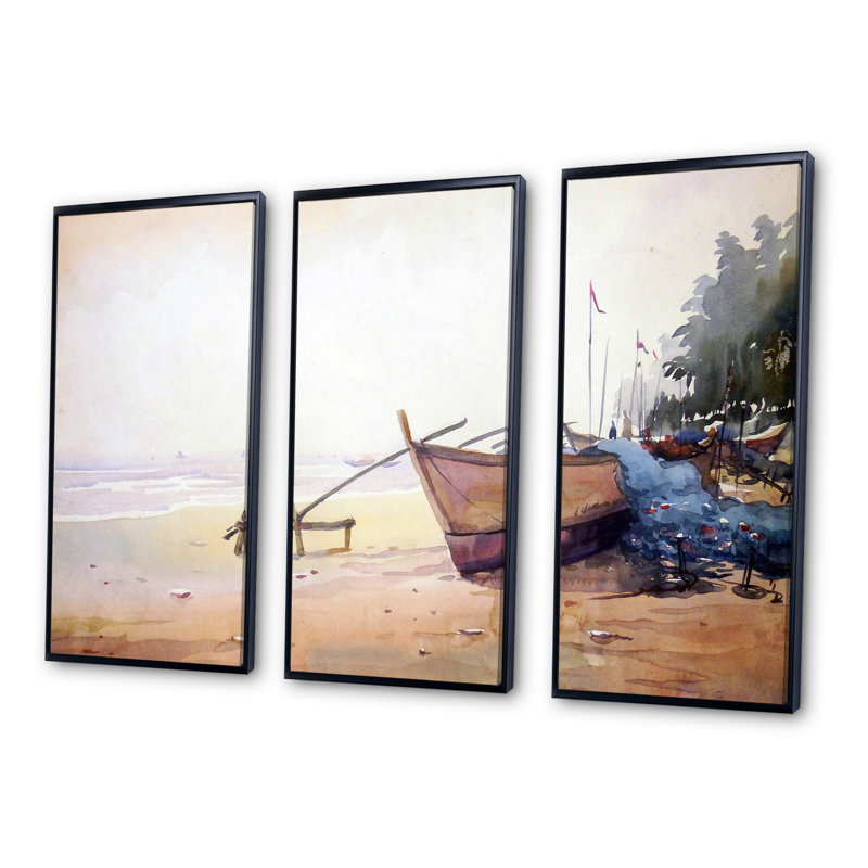 Bateaux de pêche dans le port - ensemble d'art mural sur toile encadré nautique et côtier de 3, H 28 po x l 36 po x P 1 po