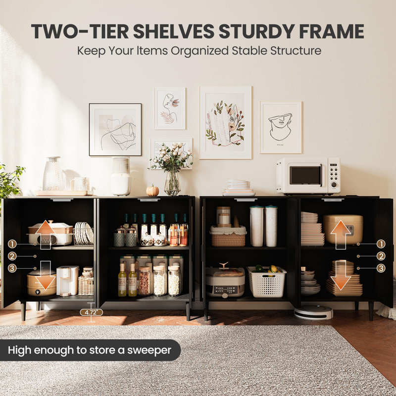 Black Rattan 4-Door Sideboard Buffet Cabinet with Power Outlet