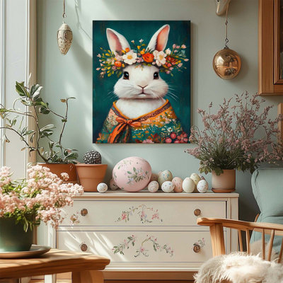 Art mural sur toile encadré P&L - Lapin blanc artistique 12 po x 16 po (couronne florale)