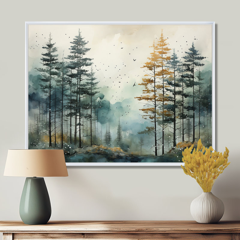 Décoration murale forêt Tonalis Whispering Pines Pointillism II, H 16 po x l 32 po x P 1 po, Cadre flottant blanc