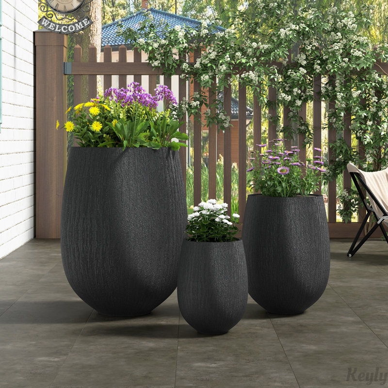 Egg-Shaped Lightweight MGO Outdoor Planter Set of 3,Modern Stone-Look Textured Flower Pots with Drainage Holes and Rubber Plug, Suitable for Patio, Garden, Poolside & Indoor