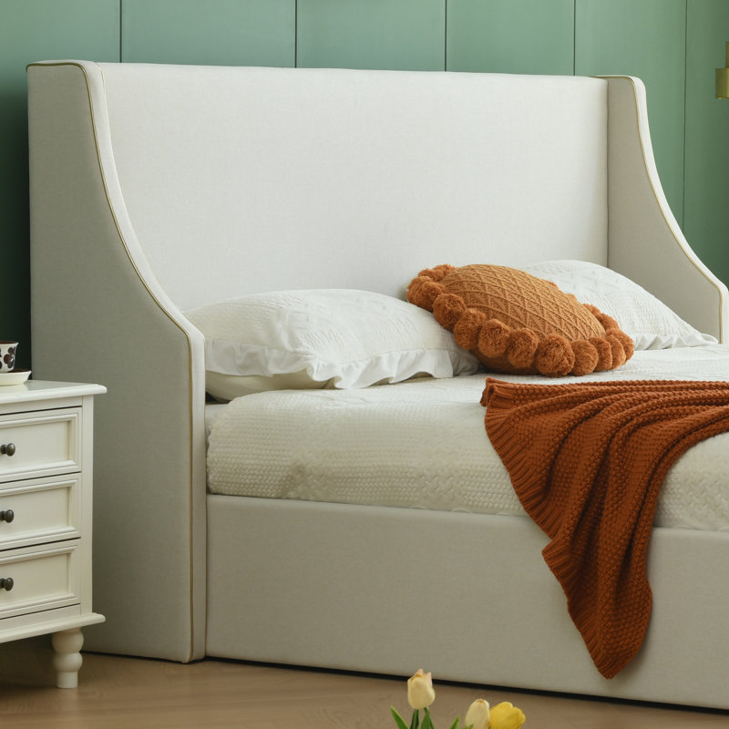 Lit plateforme tapissier avec rangement Linvel, Mélange de lin blanc, Très grand