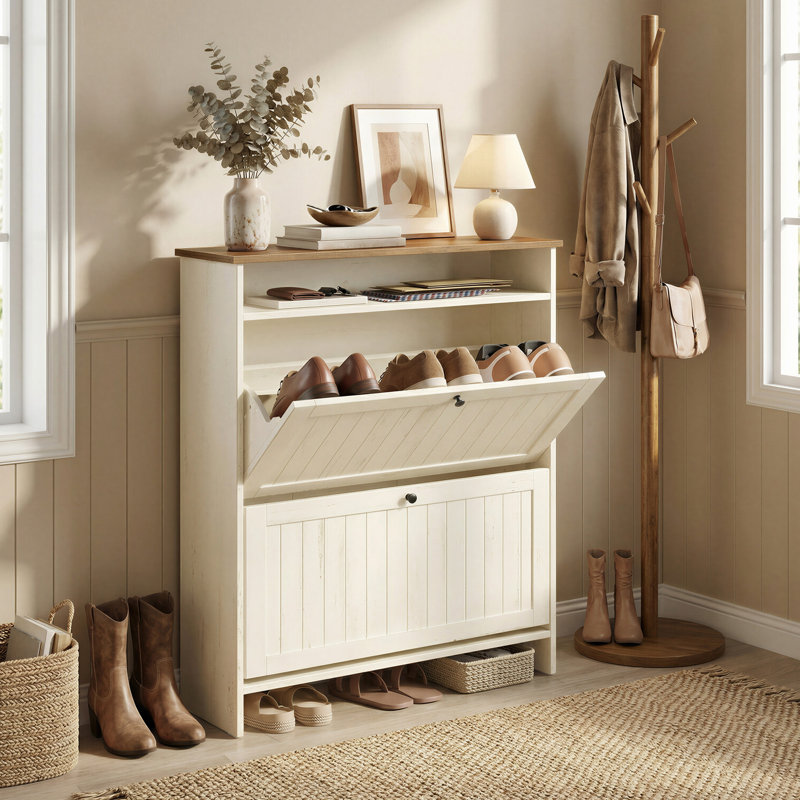 Armoire à chaussures pour hall d'entrée, assemblage ultrarapide, avec séparateurs réglables, 2 tiroirs rabattables, Blanc