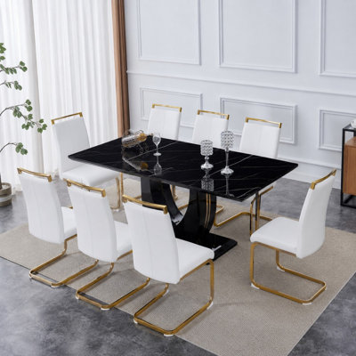 71" Dining Table Set, Black Rectangular Marble Kitchen Table With Pu Leather Chairs And Golden Legs, Ideal For Dining Room And Kitchen.