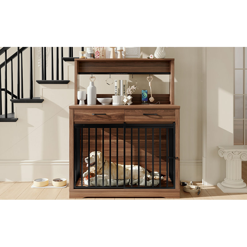 Cage pour chien avec 2 tiroirs de rangement et portes de grange coulissantes, H 52 po x l 38 po x P 23,86 po