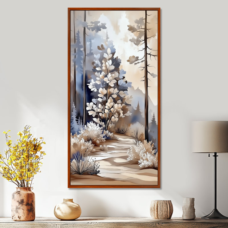 «Beige Blue Dreamy Spring Forest Walk - Moody», reproduction d'art sur toile, H 32 po x l 24 po, Cadre flottant brun