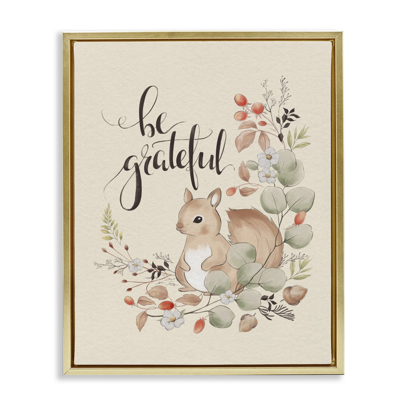  «Be Grateful Squirrel», art mural sur toile par Andrea Jasid Grassi, H 31 po x l 25 po, Cadre flottant métallique doré