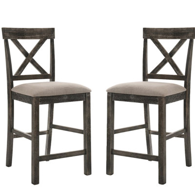 Deux chaises de salle à manger, coussinées en lin, brun clair et gris antique, siège d'une profondeur de 16 pouces, pieds carrés, dossier en bois en forme de X, motif uni