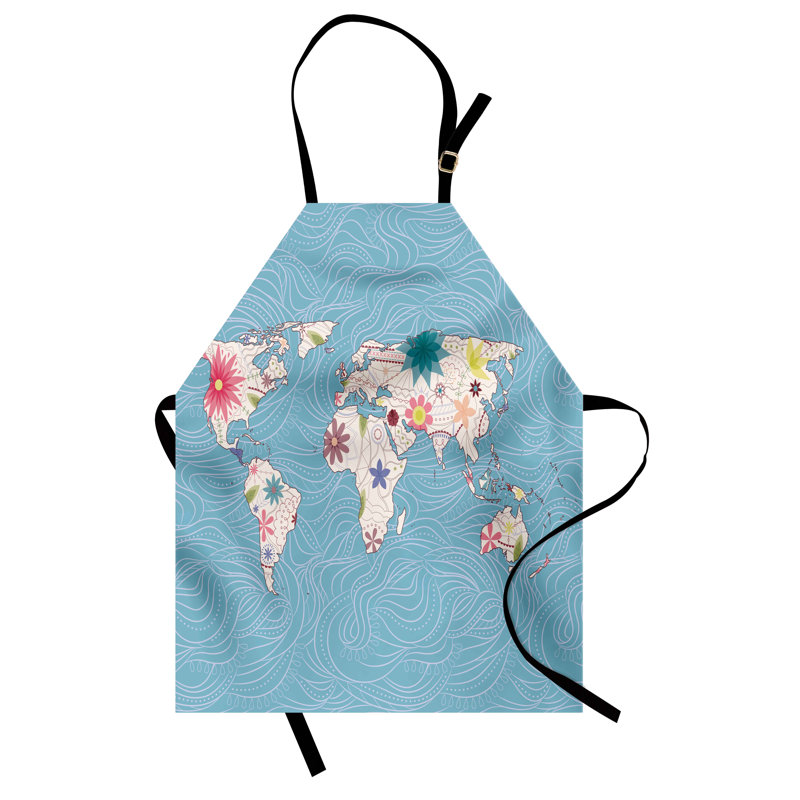 East Urban Home Hippie Apron Unisex, World Continents, Adult Size, Pale Blue White