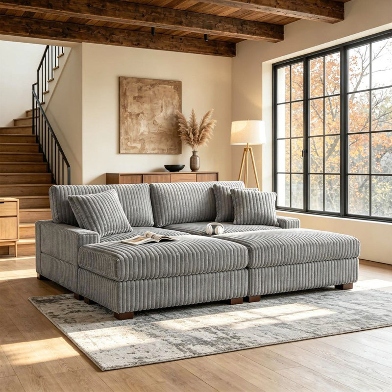 4 - Piece Upholstered Light Gray Faux Rabbit Fur Flannel Modular Sectional Sofa with Throw Pillows & Removable Ottomans