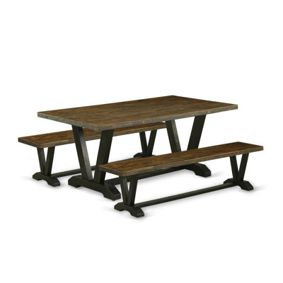 L'ensemble de table à manger moderne 3 pièces comprend une table de cuisine et 2 bancs en bois - plateau de table Jacobean vieilli et finition noire brossée 