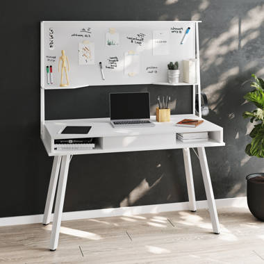 Heuss 55.1'' Computer Desk with Shelves, Tempered Glass Top Home Office Desks Ivy Bronx Color: White