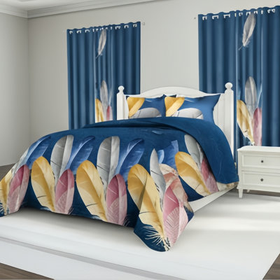 Ensemble de literie et de rideaux en plumes pour grand lit 9 pièces (grand) - Couvre-lit matelassé en microfibre + voilages