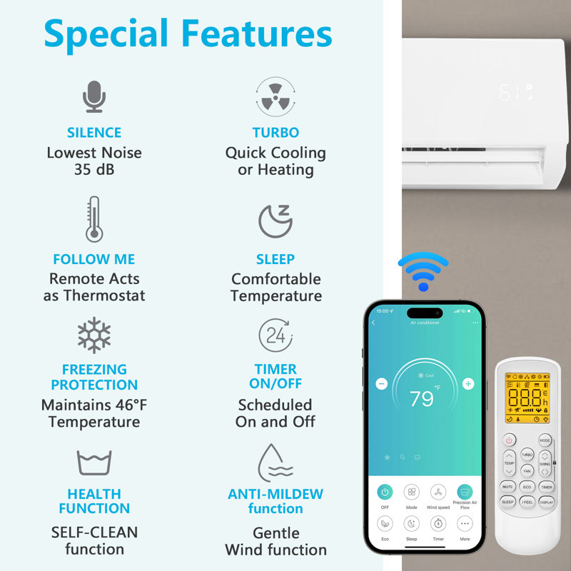 Winado 24400 BTU Wi-Fi Connected Ductless Mini Split Air Conditioner for 1500 Square Feet with Heater and Remote Included