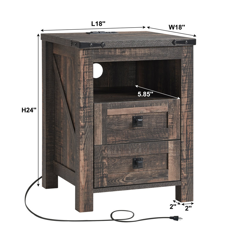 Table de chevet 2 tiroirs avec prises et ports USB Adaija, Chêne rustique foncé