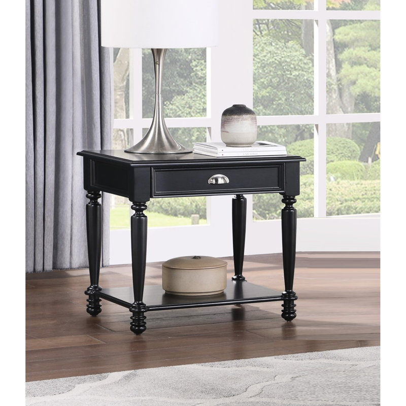 Table de bout en bois classique avec finition noire et tiroir pour salon