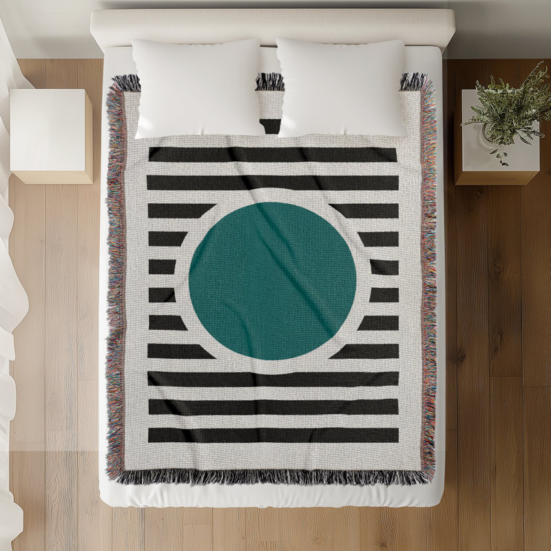 Jeté de lit rond en mélange de coton, Bleu sarcelle / noir / blanc cassé, L 80 po x l 60 po