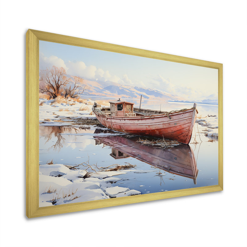 Rouge et blanc, bateau de pêche d'hiver Tranquility I - art mural minimalisme, Cadre doré à coins fermés