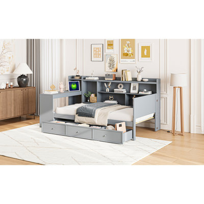 Lit de jour simple gris avec 3 grands tiroirs, ports équipés en bois de pin pour la commodité de la chambre à coucher