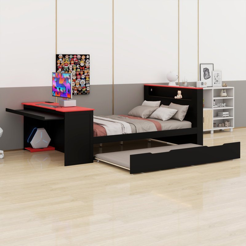 Modern Wood Daybed with Trundle & Integrated Desk - LED Light + USB Charging, Black+Red, Full / Double