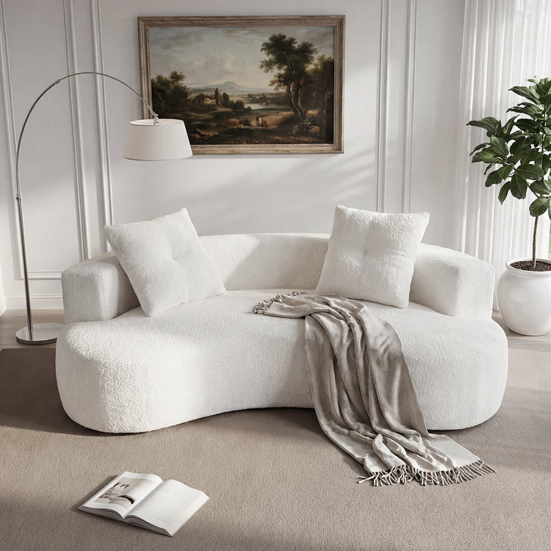 Boneless 80''W Compressed Curved Loveseat Sofa With 2 Pillows, Compact Chenille Fabric Sofa Ideal For Small Spaces, White