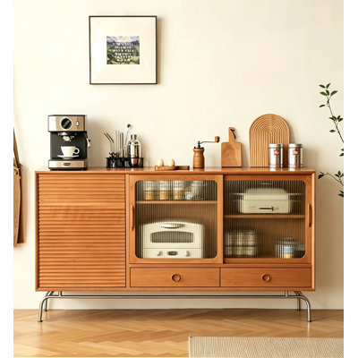 Buffet en bois massif de style nordique avec verre et métal pour salon et cuisine