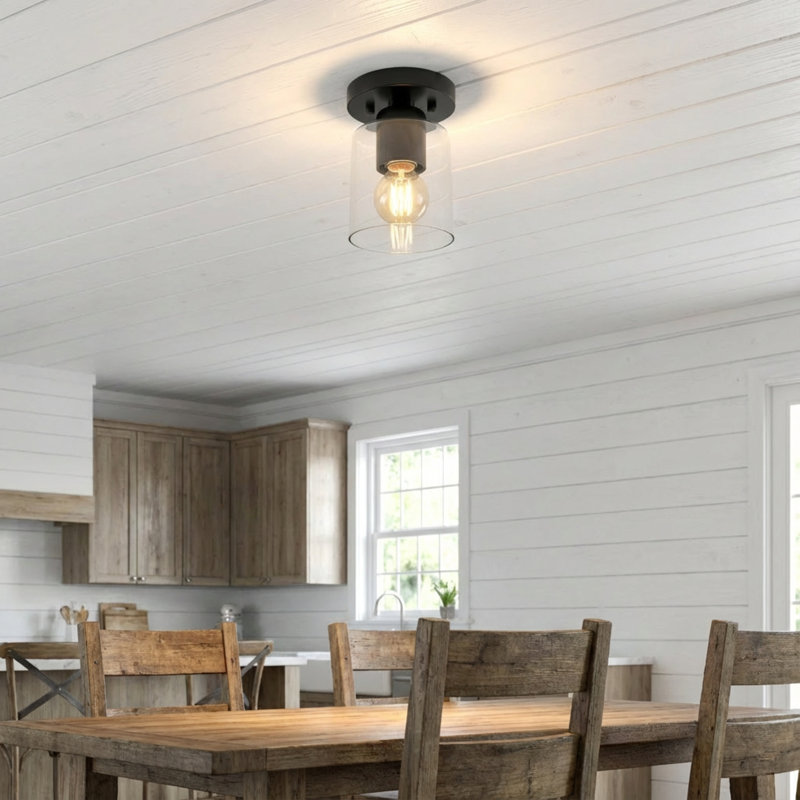 1-Light Semi-Flush Mount Cylinder Glass Shade Light(Black), Matte Black