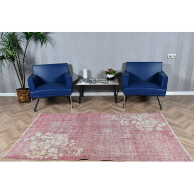 Tapis turc antique touffeté à la main avec une esthétique florale pour la salle à manger de couleur mauve éclatante tissé et noué à la main