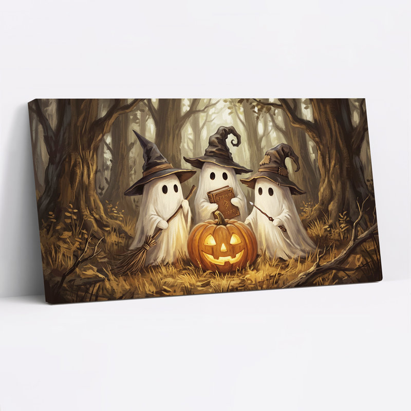 «Three Ghost Witches with Glowing Pumpkin In Halloween», art mural sur toile, L 46 po x H 24 po