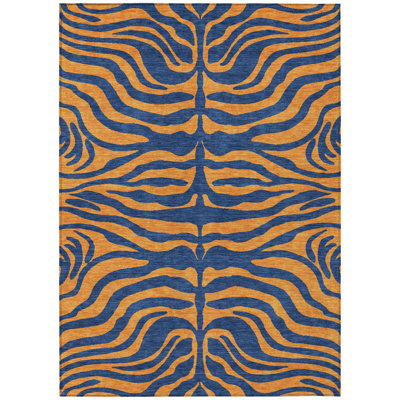 9' X 12' Navy Blue And Pink Animal Print Washable Indoor Outdoor Area Rug