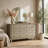 Reny Wide Dresser, 6 Drawers, Rounded Edges, Gold Knobs, Rustic Gray