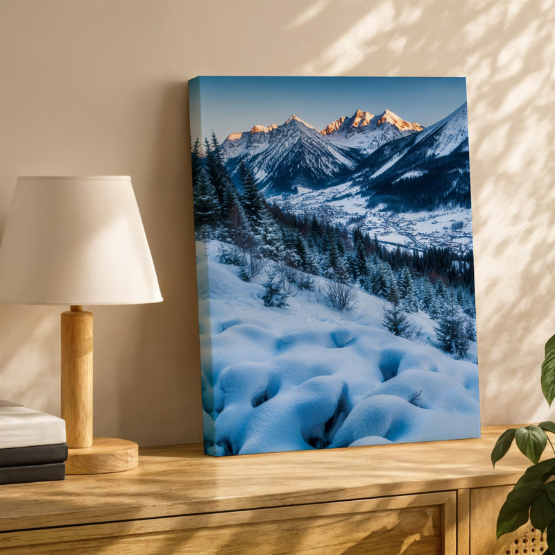 Toile, paysage d'hiver époustouflant avec majestueuses montagnes enneigées, art mural en toile de fond, leurs pics
