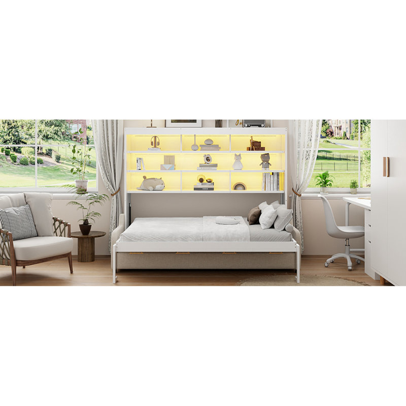 Grand lit escamotable à armoire avec canapé pliant, tablettes de rangement intégrées et lumière DEL, beige (Ancien SKU: N7090000603A) (ETA: 2/17)
