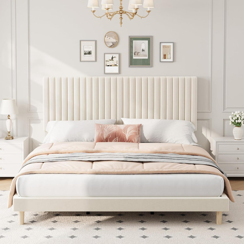 Upholstered Platform Bed Frame, Velvet with Vertical Channel Tufted Headboard, Height Adjustable, No Box Spring Required