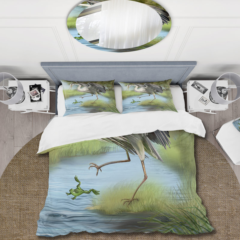 Crane Hunting A Frog In The Water - Ensemble de housse de couette Farmhouse - Microfibre de polyester