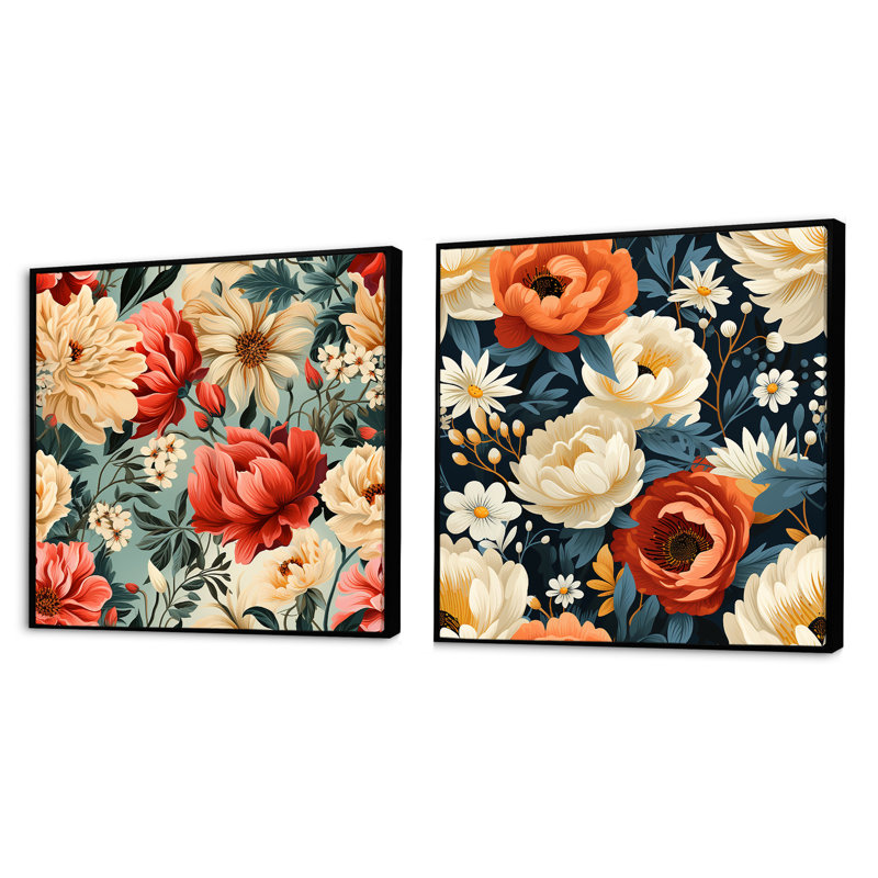 Ensemble de 2 fleurs rétro nostalgie beige et corail, Cadre flottant noir, H 16 po x l 33 po