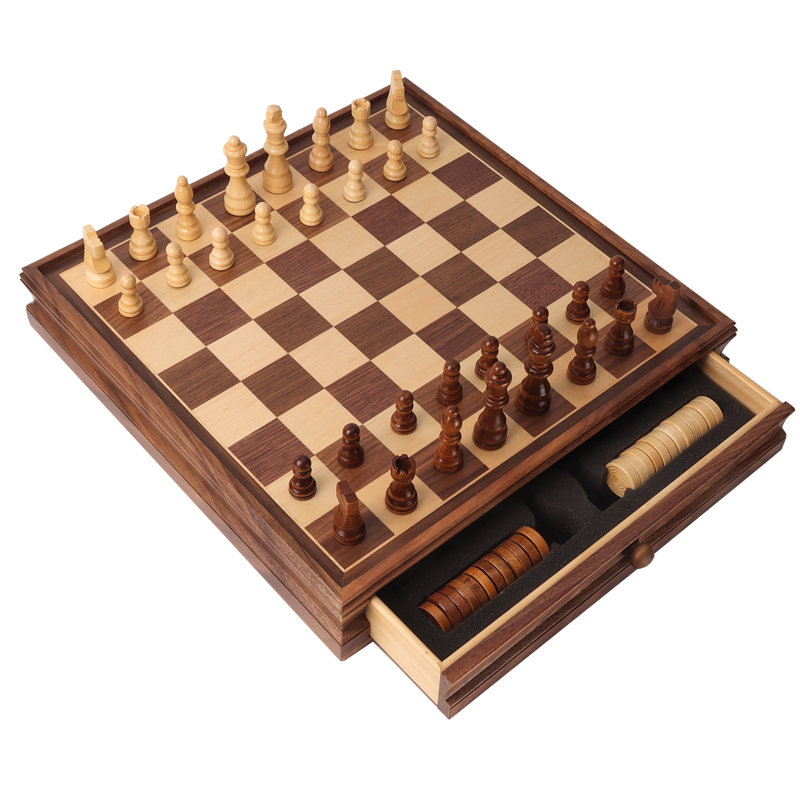GSE 15-Inch Wooden 2-in-1 Chess & Checkers Board Game Combo with Drawer, Large Chess Checker Board Game Set for Kids & Adults