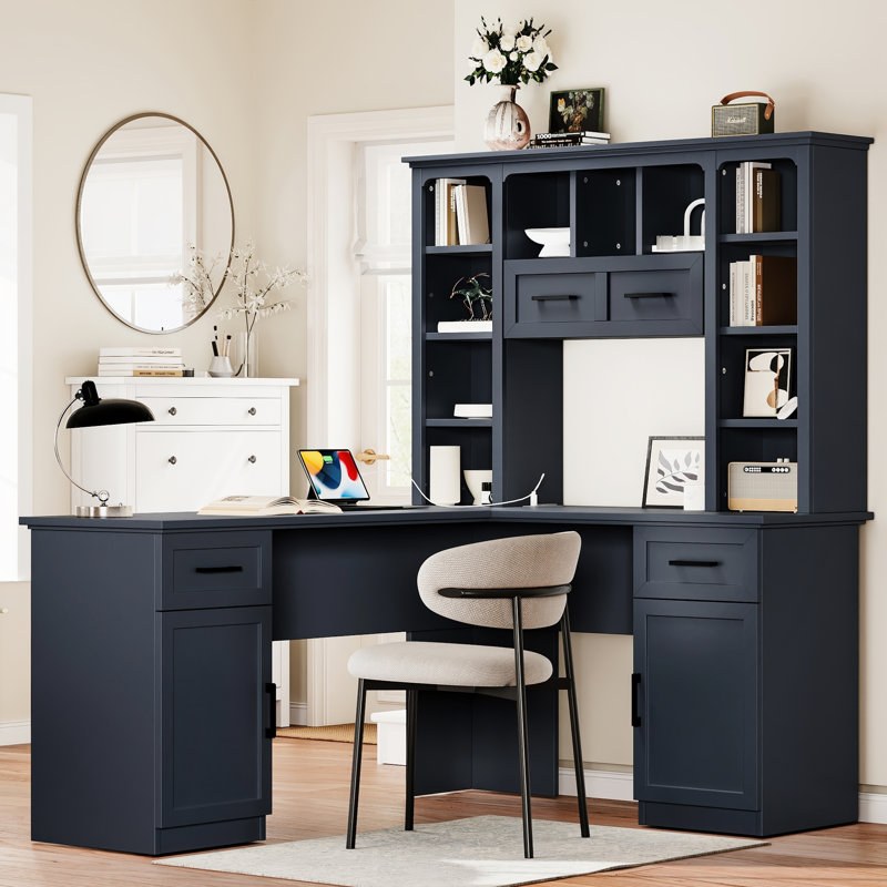 Bureau d'ordinateur antique en forme de L bleu avec 2 armoires, tiroirs, 11 tablettes, 1 tablette rabattable et prise de courant pour un travail confortable dans des tablettes ouvertes