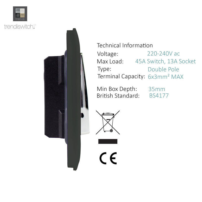 Trendi Switch 45 Amp Cooker Switch & 13 Amp Plug Socket with Neon, Charcoal