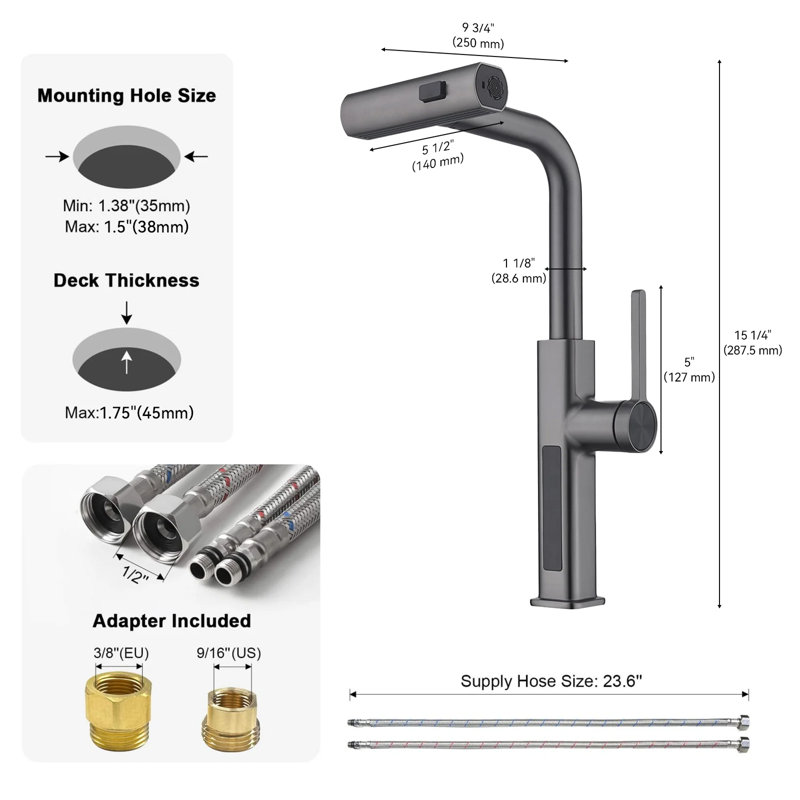 Single Handle Kitchen Faucet with Accessories, Gray