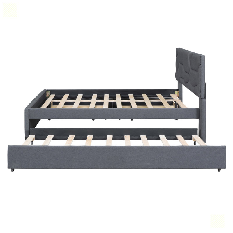 Lit plateforme avec tête de lit à motif brique et tiroirs, gris