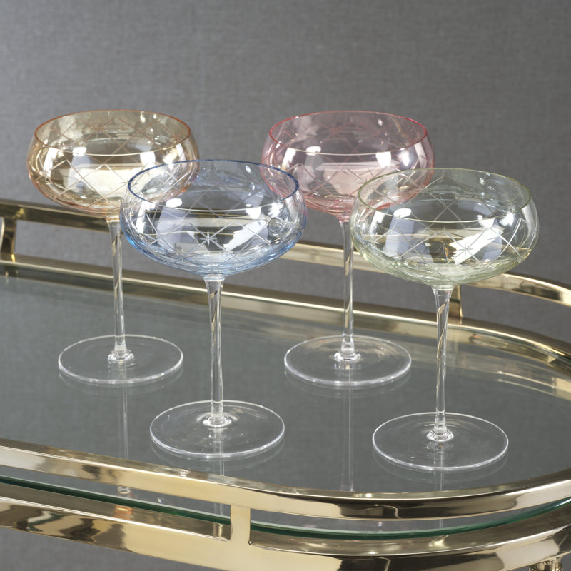 Audrey 4-Piece Set Hand Etched Coupe Glasses, Green Luster