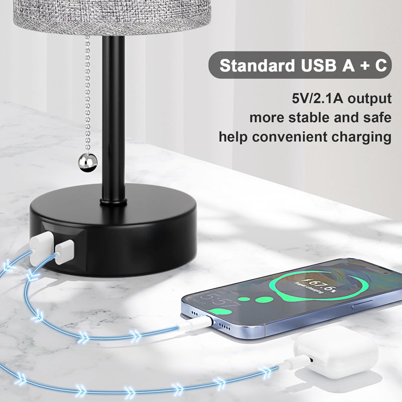 Ensemble de 2 lampes de chevet grises avec ports de charge USB A + C, 3 températures de couleur, contrôle de la chaîne de traction, lampe de table de chevet pour la chambre à coucher, le salon, le dortoir