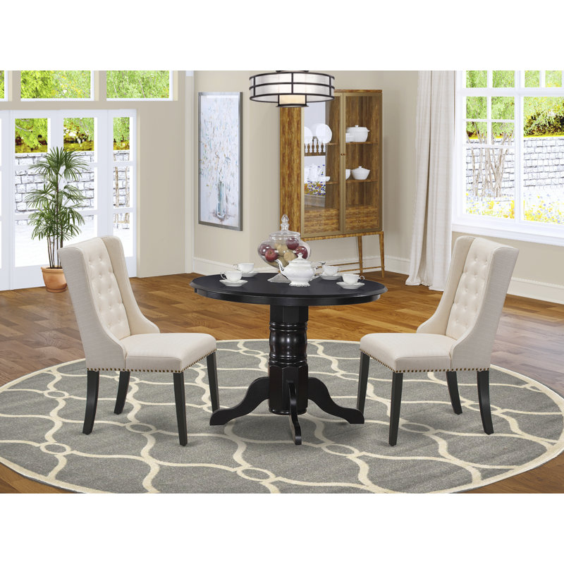 3 Piece Dinette Set for Small Spaces Contains a Round Kitchen Table with Pedestal and 2 Cream Linen Fabric Parson Dining Chairs, Black