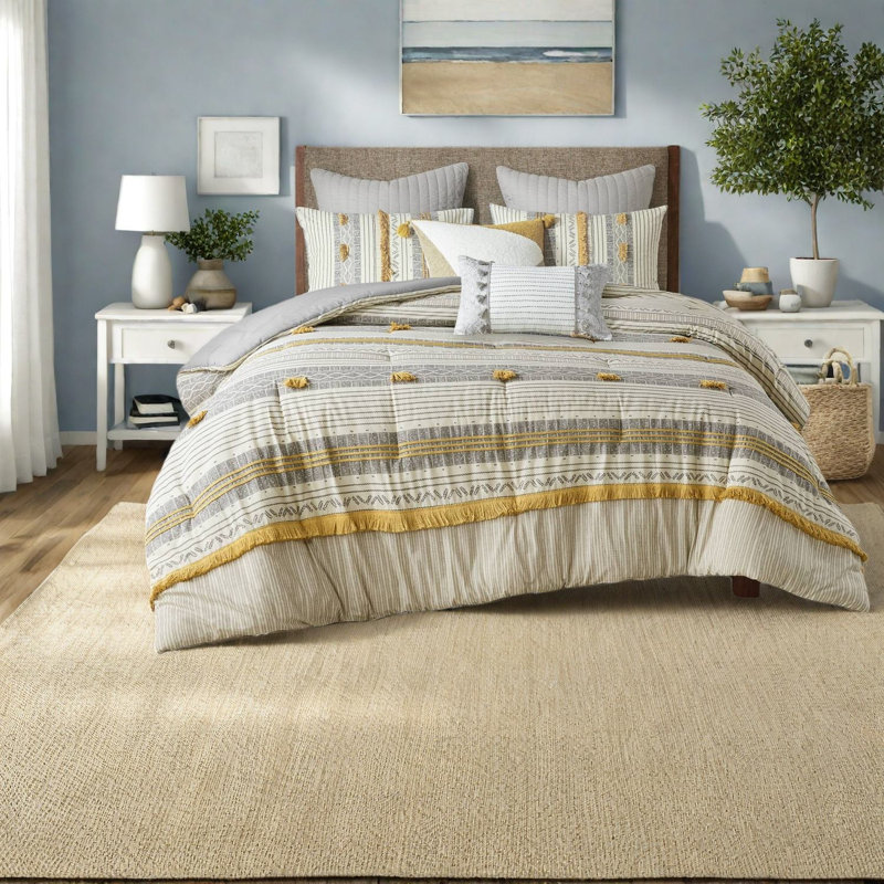 Elegant Gray And Yellow Cotton Bedding Sets, Modern Comfort, Home Use