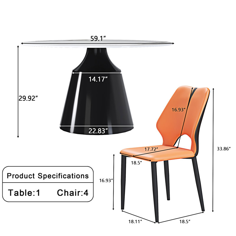 Marble Round Dining Table, 29.92"H x 59.1"L x 59.1"W, Black,White Marble